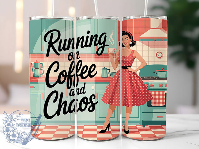 Coffee Chaos Mom 20oz Tumbler, Running On Coffee And Chaos Quote, Confident Woman Illustration, Classic Polka Dot Dress, Vintage Retro Style, Sublimation Tumbler Wrap, 20oz Tumbler Sublimation ToriDesigns 