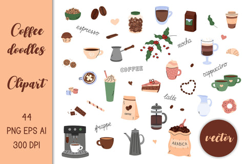 Coffee Clipart PNG Vector Doodles Cute Coffee Elements Bundle Sublimation AnnaViolet_store 