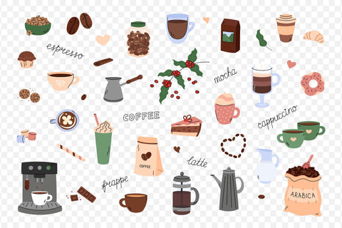 Coffee Clipart PNG Vector Doodles Cute Coffee Elements Bundle Sublimation AnnaViolet_store 