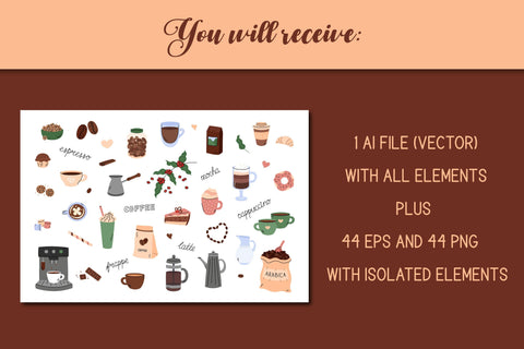 Coffee Clipart PNG Vector Doodles Cute Coffee Elements Bundle Sublimation AnnaViolet_store 
