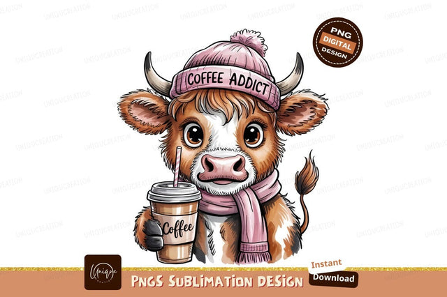 Coffee Cow Cute Animal Sublimation Illustration Sublimation Designangry 