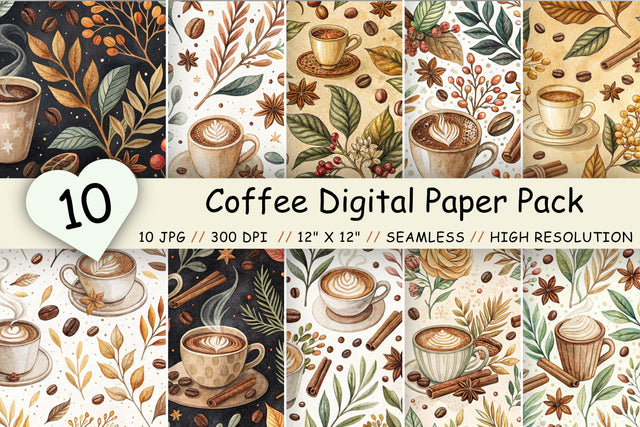 Coffee Digital Paper Pack, Seamless Watercolor Pattern Bundle, Printable Scrapbook Paper, Cozy Cafe Botanical Design Collection Digital Pattern FloridPrintables 
