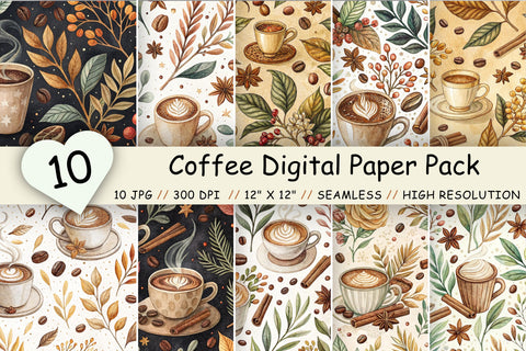 Coffee Digital Paper Pack, Seamless Watercolor Pattern Bundle, Printable Scrapbook Paper, Cozy Cafe Botanical Design Collection Digital Pattern FloridPrintables 