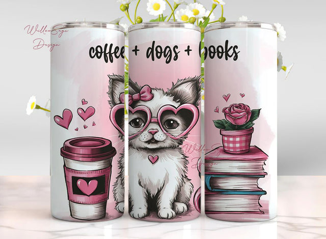 Coffee Dogs Books Tumbler Wrap PNG, 20 oz Skinny Tumbler Sublimation Design Instant Digital Download Only, Dog Lover Tumbler Wrap Sublimation WillowSageDesign 