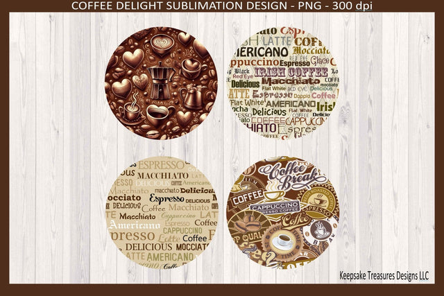 Coffee Express Matching Coasters Four Different Designs Sublimation Png Sublimation Keepsake Treasures Designs LLC. 