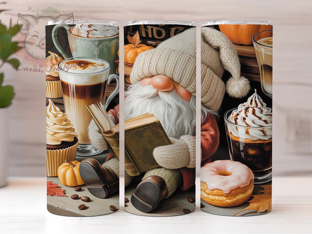 Coffee Gnome Book Lover Tumbler Wrap, Book Lover Wrap, Cozy Reading PNG, 20OZ Sublimation Design, Caffeine And Books Cup, Fall Gnome Tumbler, Literary Coffee Wrap Sublimation Lara' s Designs 
