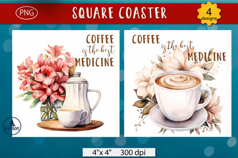 Coffee is the best medicine | Funny Coffee coaster designs Sublimation Olga Boat Design 