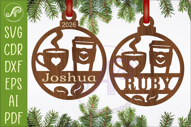 Coffee Lover Christmas Ornament Custom Name Coffee Cup SVG APInspireddesigns 