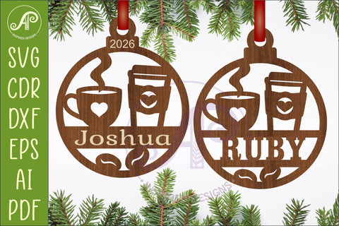 Coffee Lover Christmas Ornament Custom Name Coffee Cup SVG APInspireddesigns 