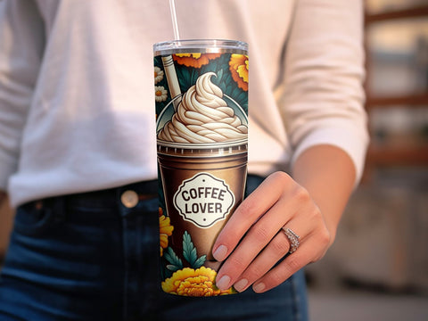 Coffee Lover & Peonies Florals Tumbler wrap Sublimation PNG Sublimation Luvleigh Digitals 