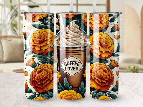Coffee Lover & Peonies Florals Tumbler wrap Sublimation PNG Sublimation Luvleigh Digitals 
