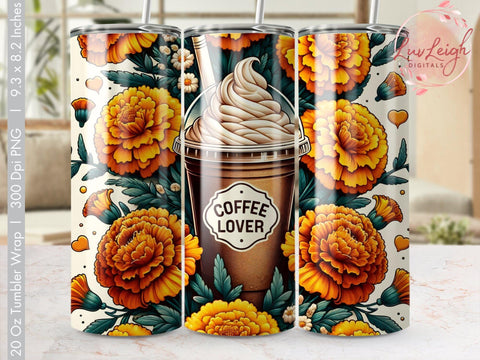 Coffee Lover & Peonies Florals Tumbler wrap Sublimation PNG Sublimation Luvleigh Digitals 