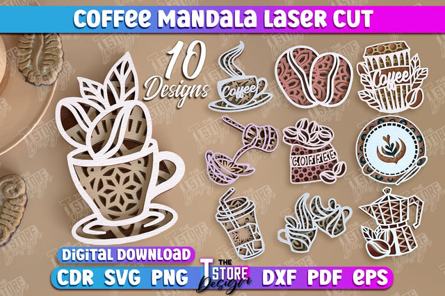 Coffee Mandala Laser Cut Bundle | 3D Coffee Cup | 3D Template | Coffee Time | CNC Files SVG The T Store Design 