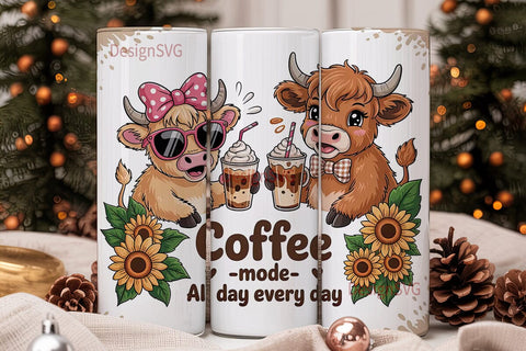 Coffee Mode Highland Cow 20oz Tumbler Sublimation DesignSVG 