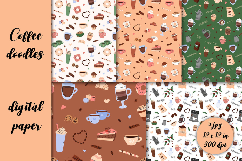 Coffee Doodles Patterns JPG Digital Paper Pack | Coffee Love - So Fontsy
