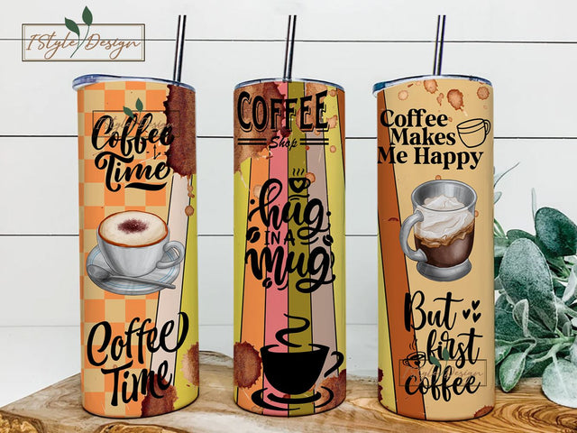 Coffee Quotes Tumbler Wrap, 20oz Skinny Tumblers Sublimation Designs PNG File Digital Download, 20 oz Wraps. Retro Style Coffee Quotes. Sublimation iStyleDesign 