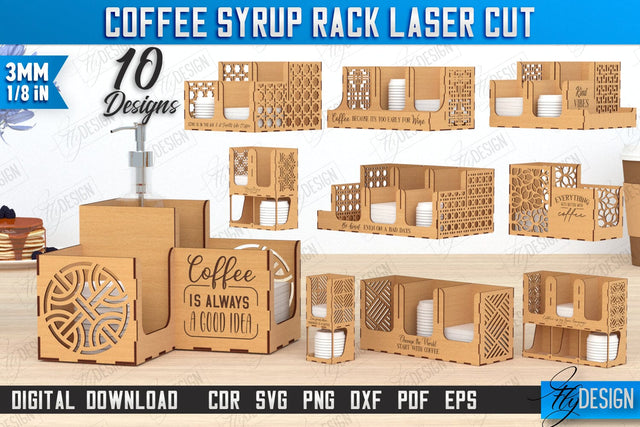 Coffee Syrup Rack Laser Cut Bundle | Desktop Organizer | Coffee Shop Organizer | Tea Bag Dispenser | CNC Files SVG Fly Design 