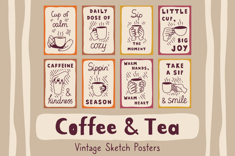Coffee & Tea Vintage Sketch Posters Digital Pattern Rin Green 