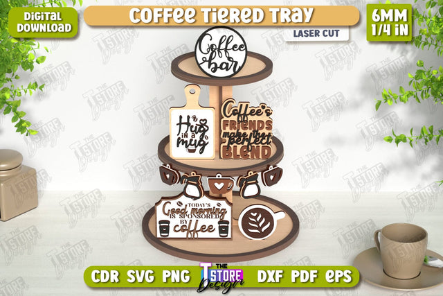 Coffee Tiered Tray Laser Cut | Round Stand | Coffee House | Dessert Tiered Tray | CNC File SVG The T Store Design 