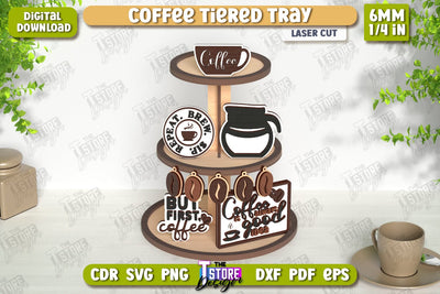 Coffee Tiered Tray Laser Cut | Round Stand | Coffee House | Dessert Tiered Tray | CNC File SVG The T Store Design 