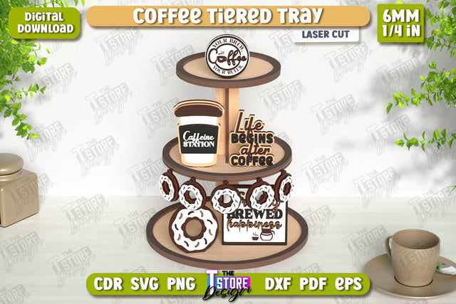 Coffee Tiered Tray Laser Cut | Round Stand | Coffee House | Dessert Tiered Tray | CNC File SVG The T Store Design 