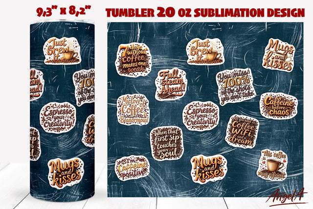 Coffee tumbler wrap, blue chalkboard with coffee quotes Sublimation Angelina Semenova 