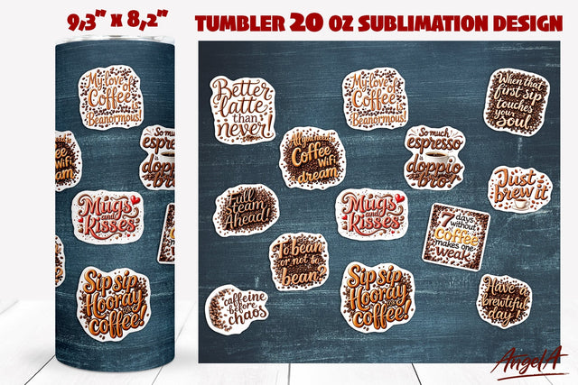 Coffee tumbler wrap, blue chalkboard with coffee quotes Sublimation Angelina Semenova 