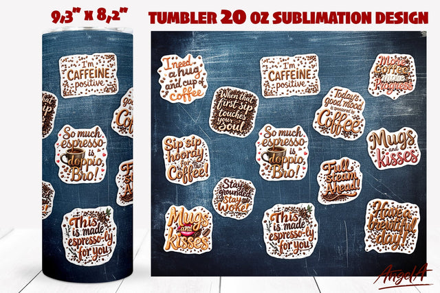 Coffee tumbler wrap, blue chalkboard with coffee quotes Sublimation Angelina Semenova 