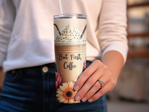 Coffee Tumbler Wrap, But first coffee PNG Sublimation Luvleigh Digitals 