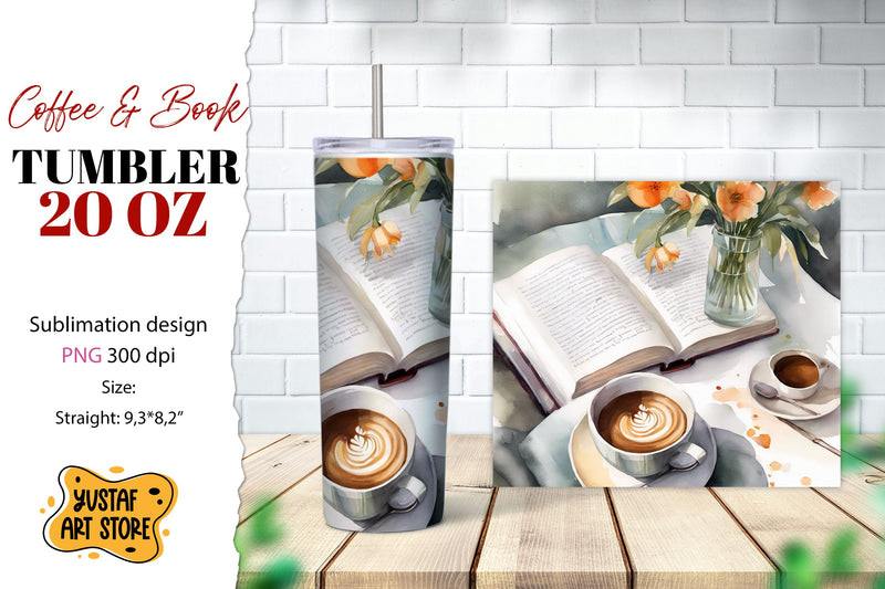 Coffee tumbler wrap. Coffee and book sublimation design Sublimation Yustaf Art Store 