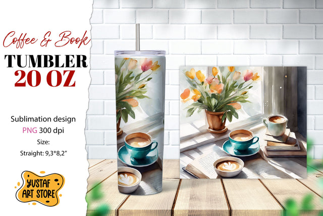 Coffee tumbler wrap. Coffee and book sublimation design Sublimation Yustaf Art Store 