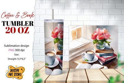 Coffee tumbler wrap. Coffee and book sublimation design Sublimation Yustaf Art Store 