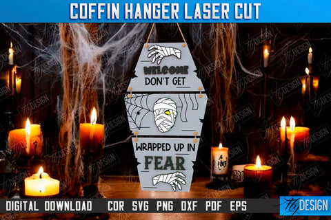 Coffin Hanging Decoration Laser Cut Bundle | Seasonal Décor Idea | Halloween Decor | Mini Coffin Lid with Inscriptions | CNC File SVG Fly Design 