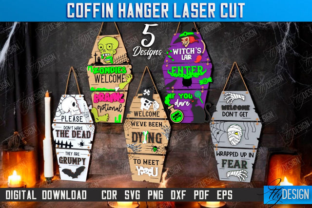 Coffin Hanging Decoration Laser Cut Bundle | Seasonal Décor Idea | Halloween Decor | Mini Coffin Lid with Inscriptions | CNC File SVG Fly Design 