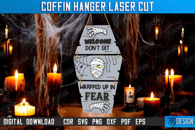 Coffin Hanging Decoration Laser Cut | Seasonal Décor Idea | Halloween Decor | Mini Coffin Lid with Inscriptions | CNC File SVG Fly Design 