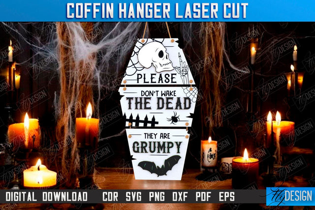 Coffin Hanging Decoration Laser Cut | Seasonal Décor Idea | Halloween Decor | Mini Coffin Lid with Inscriptions | CNC File SVG Fly Design 