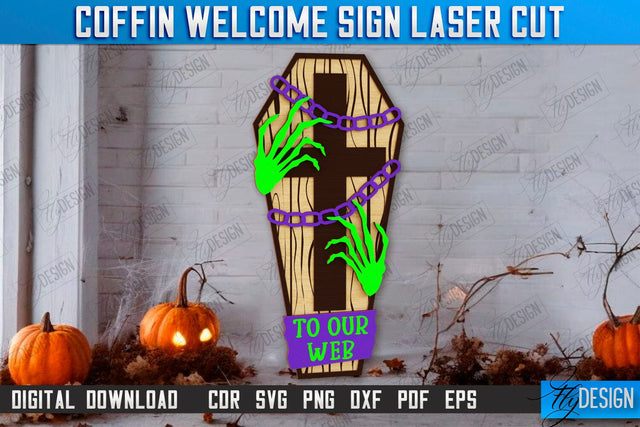 Coffin Welcome Sign Laser Cut | Seasonal Home Décor Idea | Halloween Porch Sign | Halloween Decoration | CNC File SVG Fly Design 