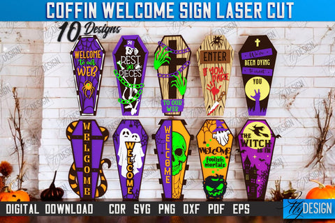 Coffin Welcome Sign Laser Cut | Seasonal Home Décor Idea | Halloween Porch Sign | Halloween Decoration | CNC File SVG Fly Design 
