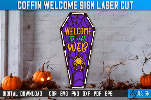Coffin Welcome Sign Laser Cut | Seasonal Home Décor Idea | Halloween Porch Sign | Halloween Decoration | CNC File SVG Fly Design 