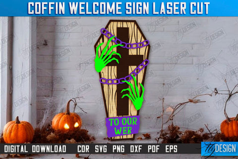 Coffin Welcome Sign Laser Cut | Seasonal Home Décor Idea | Halloween Porch Sign | Halloween Decoration | CNC File SVG Fly Design 