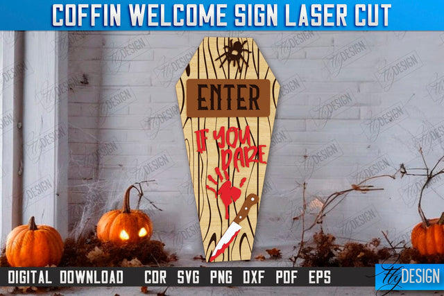 Coffin Welcome Sign Laser Cut | Seasonal Home Décor Idea | Halloween Porch Sign | Halloween Decoration | CNC File SVG Fly Design 