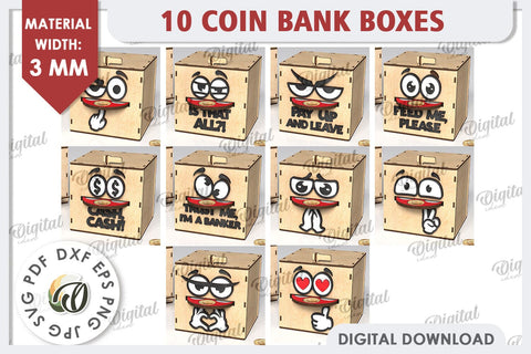 Coin Bank Boxes Laser Cut Bundle. Wooden Piggy Banks SVG SVG Evgenyia Guschina 