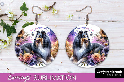 Collie Earrings - Dog Mom Floral Round Earring Sublimation Sublimation OrangeBrushStudio 