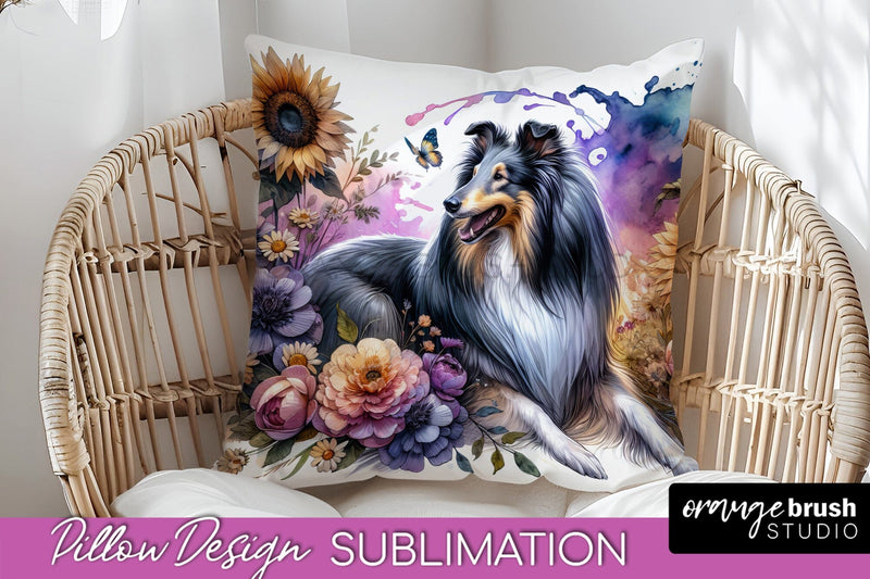 Collie Pillow Cover - Dog Mom Floral Pillow Sublimation Sublimation OrangeBrushStudio 