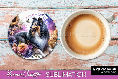 Collie Round Coaster - Dog Mom Floral Coaster Sublimation Sublimation OrangeBrushStudio 