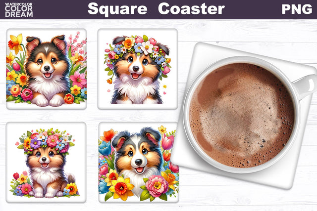 Collie Square Coaster | Dog Flowers Square Coaster Sublimation WatercolorColorDream 