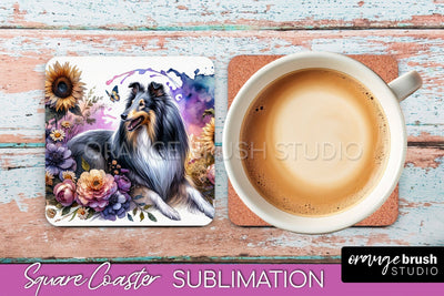 Collie Square Coaster - Dog Mom Floral Coaster Sublimation Sublimation OrangeBrushStudio 