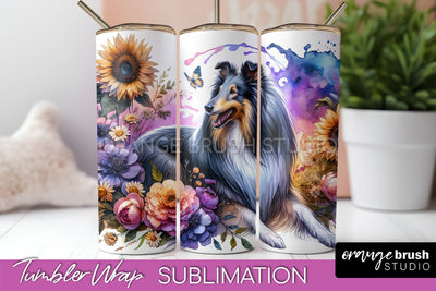 Collie Tumbler Wrap - Dog Mom Floral Tumbler Sublimation Sublimation OrangeBrushStudio 