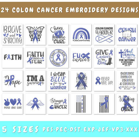 Colon Cancer Embroidery Designs Bundle - 24 Designs, Colon Cancer Awareness Embroidery Patterns, Blue Awareness Ribbon PES Files Embroidery/Applique DESIGNS HappyDesignStudio 