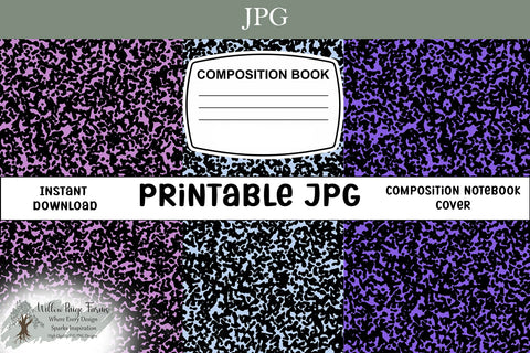 Color Composition Notebook Cover Printable – Pink, Purple & Blue Versions – 6.9" x 10" JPG for 7.5" x 9.75" Composition Notebook – 300 DPI Sublimation Willow Paige Farms 